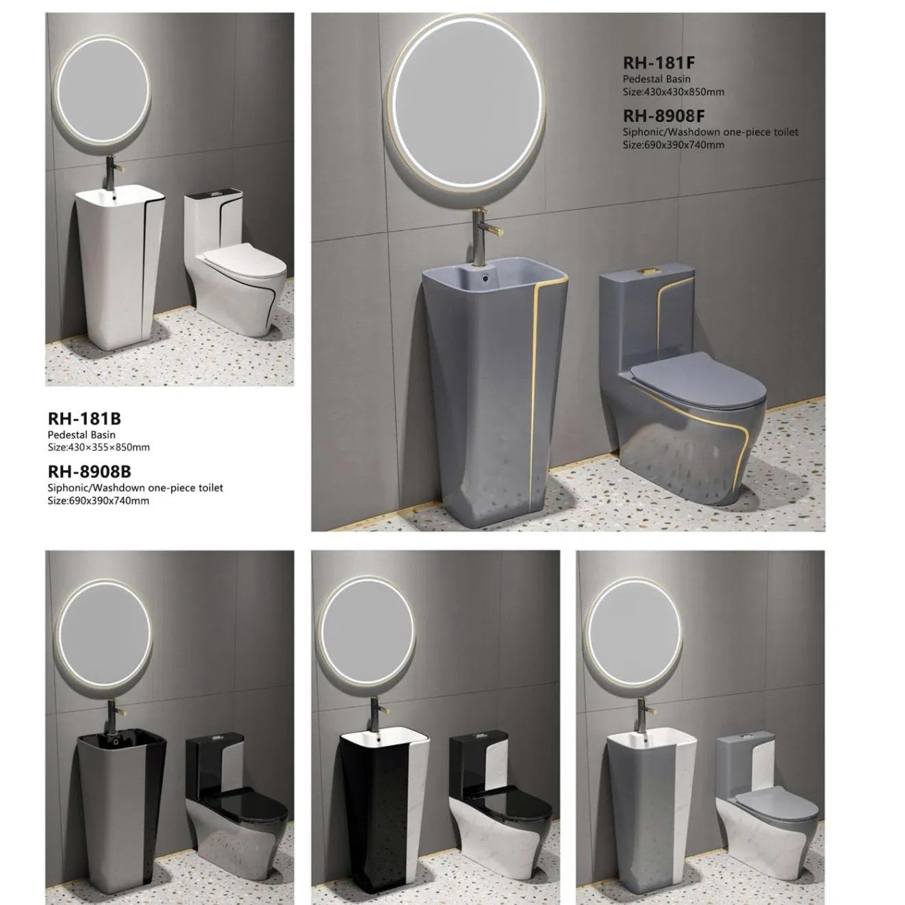 Popular Luxury Floor Standing Large Grey/Gold Pedestal Wash Basin Sink for Hotel
