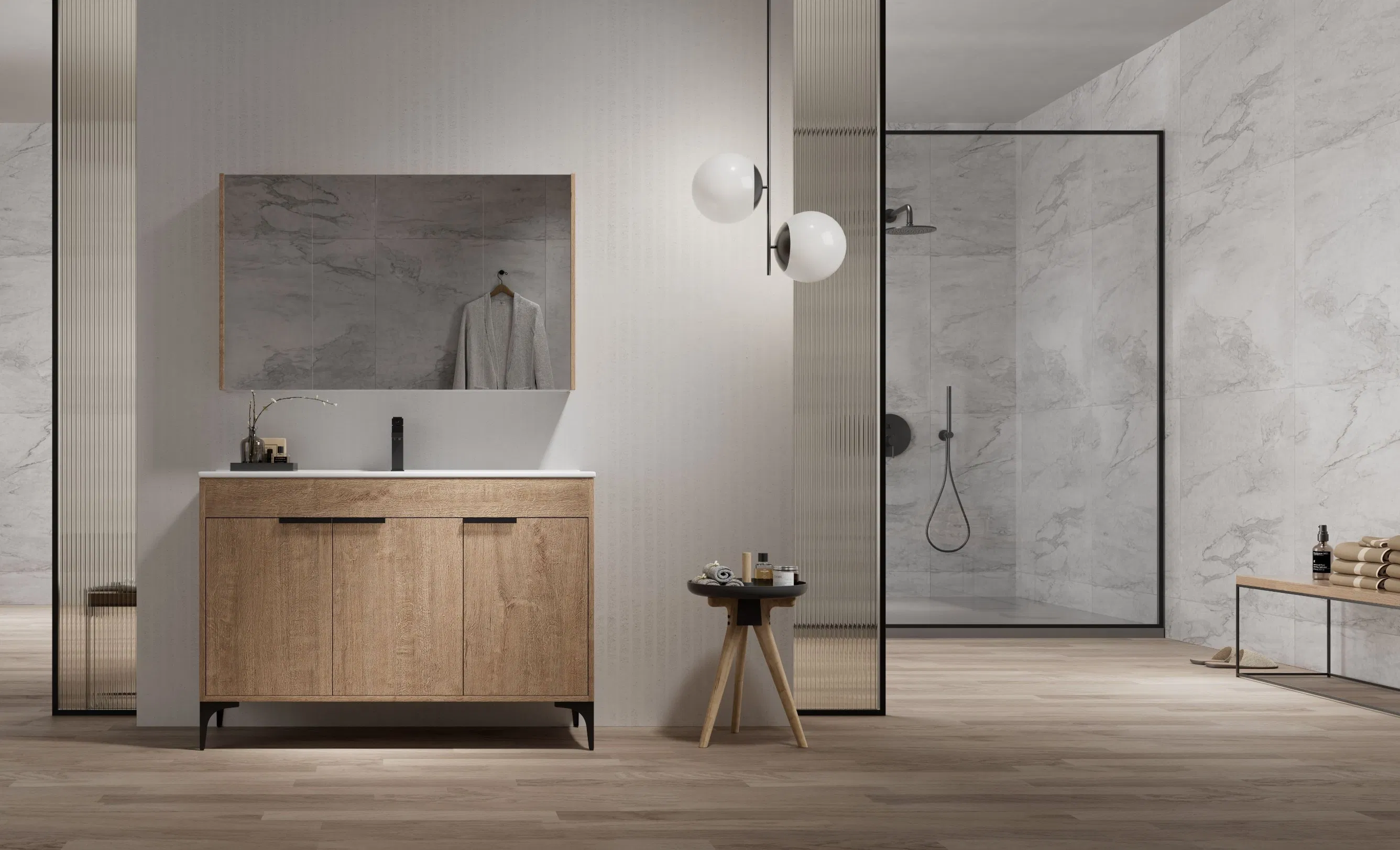 Floating Wall Mounted Bathroom Marble Sink with Mirror Light Furniture Vanity