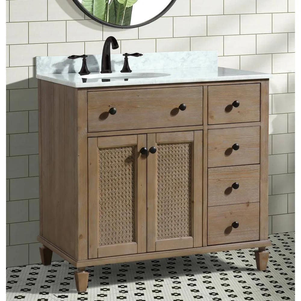 Modern Home Sink Furniture Wooden Freestanding Bathroom Vanity in Weathered Fir with Marble Vanity Top Carrara White Basin Chest of Drawers Storage Cabinet
