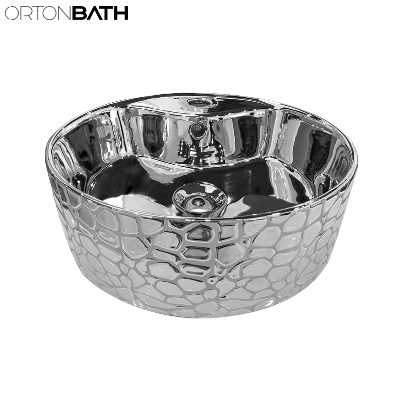 Ortonbath Round Silver Porcelain Modern Design Counter-Top Bathroom Art Vessel Sink Bowl Shape Wash Basin