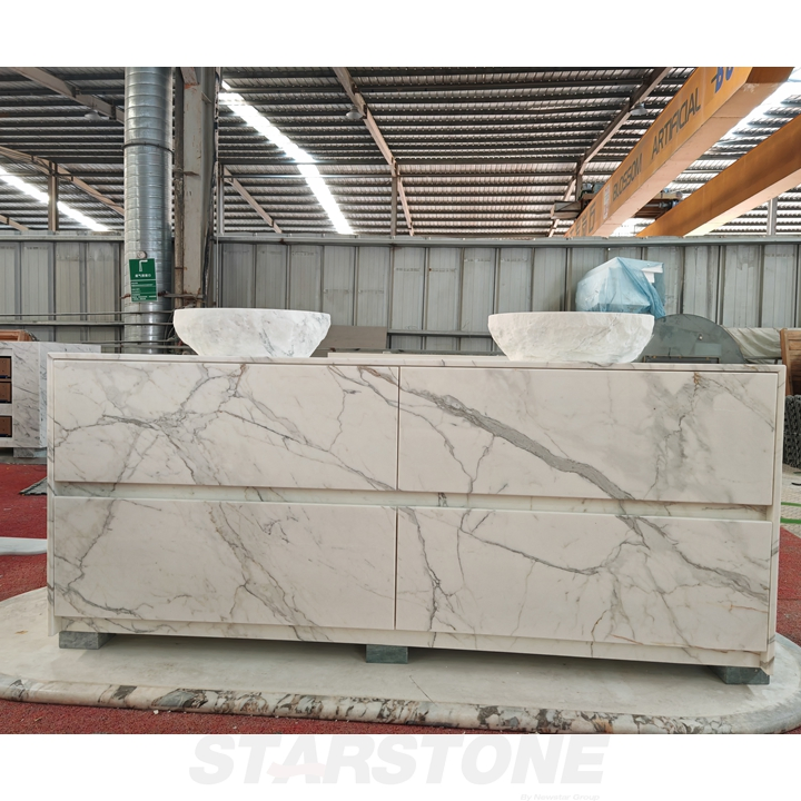 Light Brown Marble Slab Arabescato Vagli Stone Freestanding Vanity Benchtop with Drawer for Indoor Bathroom Furniture