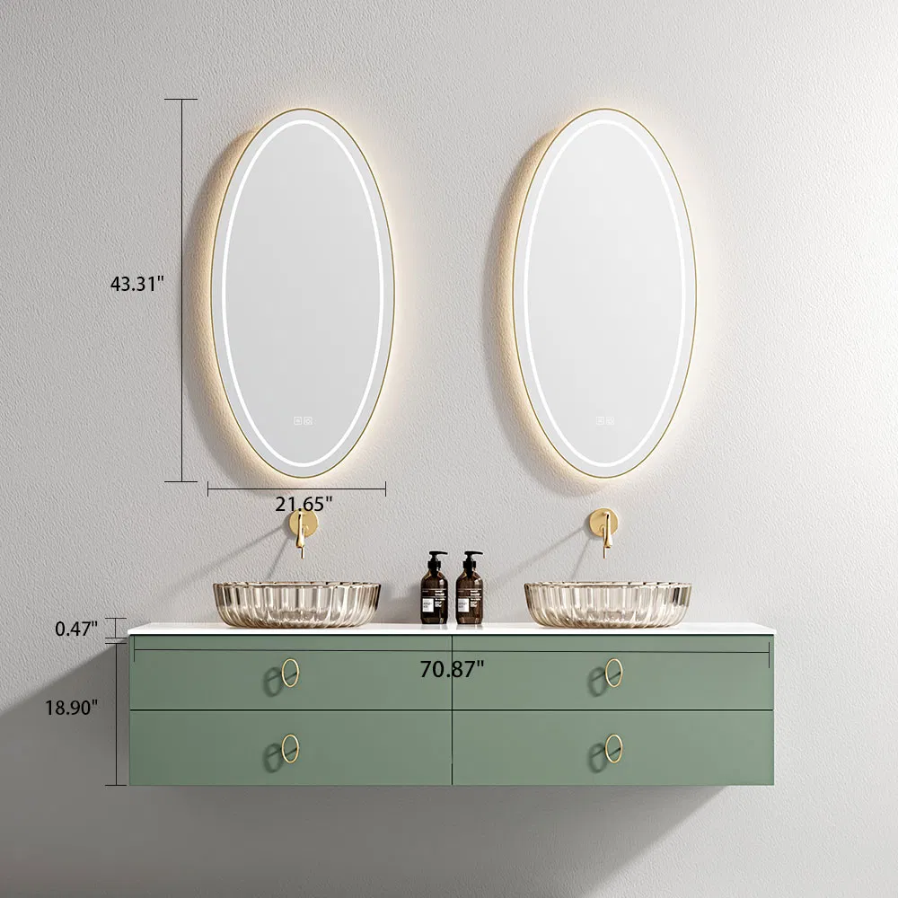 Multi-Functional Bathroom Cabinet Floating Vanity LED Mirror Sintered Stone Countertop Wooden Green Bathroom Cabinet for Hotel Use