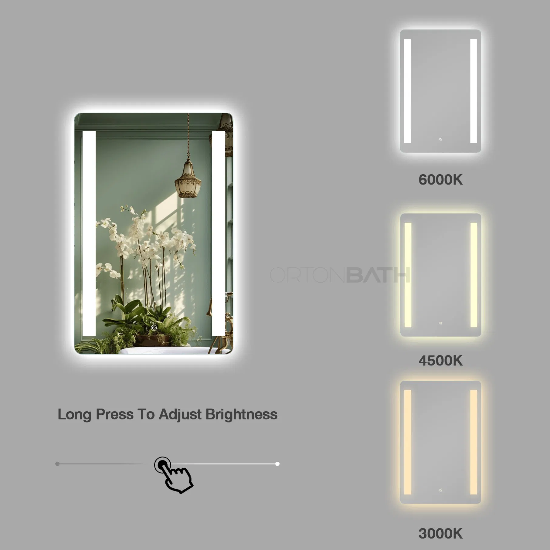 Ortonbath Two LED Strips LED Bathroom Mirror Anti Fog, Dimmable Touch Button Slim 90 CRI Waterproof IP44, Both Vertical and Horizontal Wall Mounted Mirror