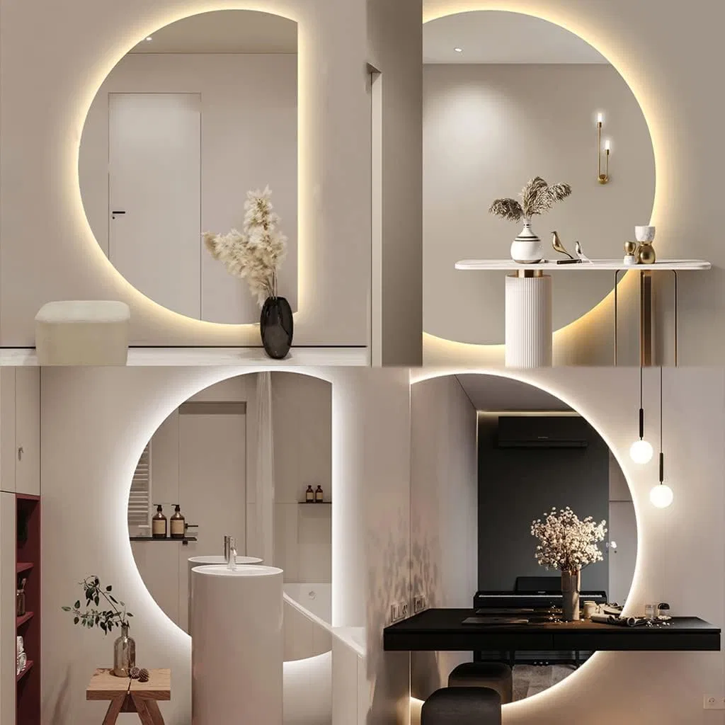 Half Moon Shape Backlit LED Lighted Bathroom Smart Wall Circle Mirror with Time Display