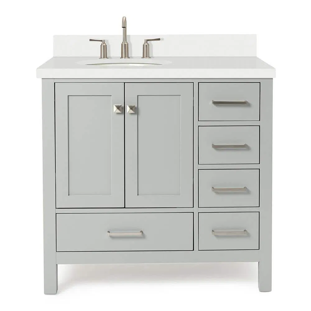 Elegant Grey Wooden Freestanding Bathroom Vanity with Quartz Top