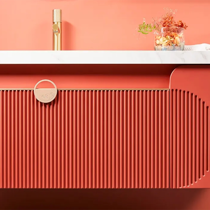 Stylish Modern Red Lacquer Bathroom Vanity Featuring Elegant Gold Accents