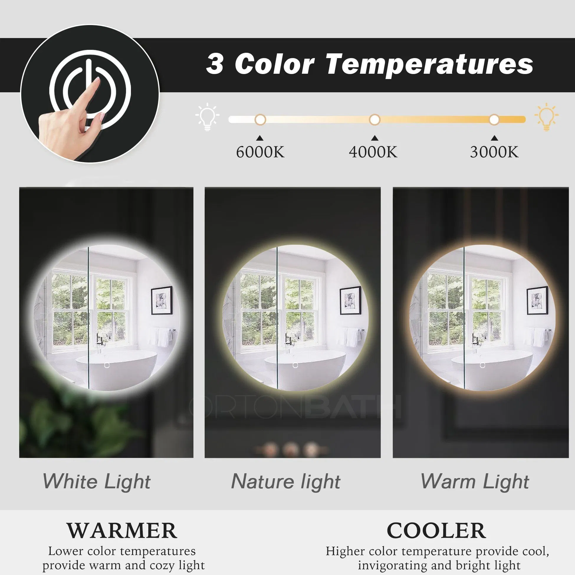 Ortonbath Round LED Bathroom Mirror Backlit Anti-Fog Wall Mounted Lighted Bathroom Vanity Mirror 3 Colors Light Dimmable Smart Makeup Mirror with Touch Switch