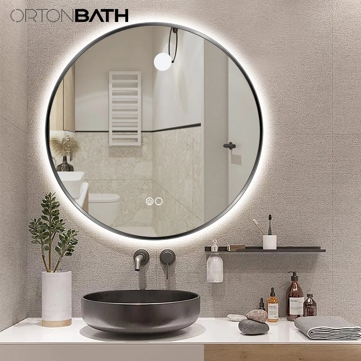 Ortonbath Round Black Metal Framed Backlit Round Make up Smart Bathroom Backlit Anti Fog Vanity LED Light Mirror Wall Mirror Bath LED Mirror