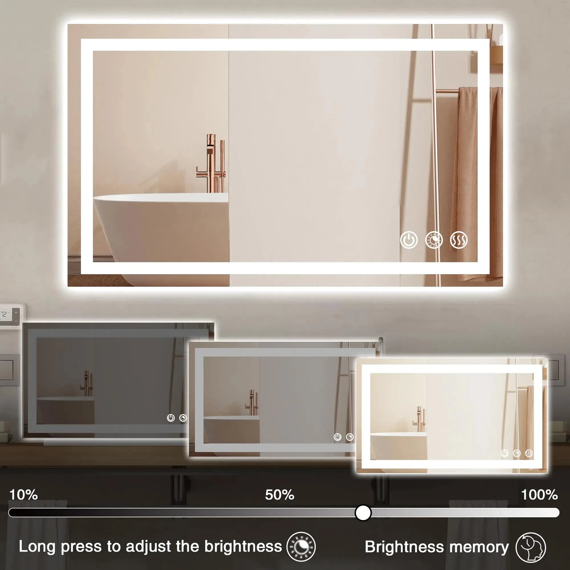 100*60 Cm LED Bathroom Mirror, 3 Color Temperatures, Dimmable Bathroom Vanity Mirror with Lights, Wall-Mounted