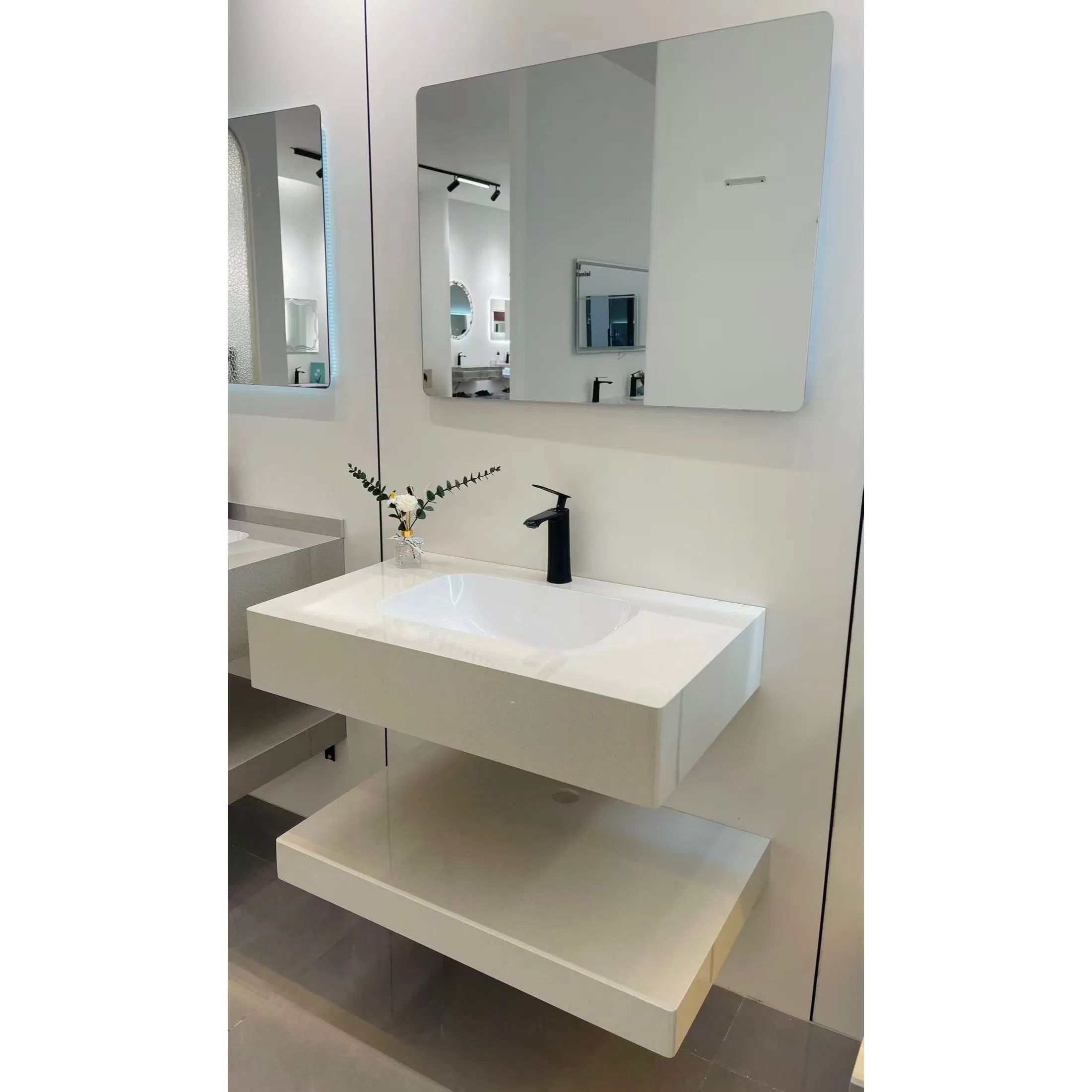 Stain-Resistant Particle Pearl White Double Layer Sintered Stone Vanity with White Ceramic Sink