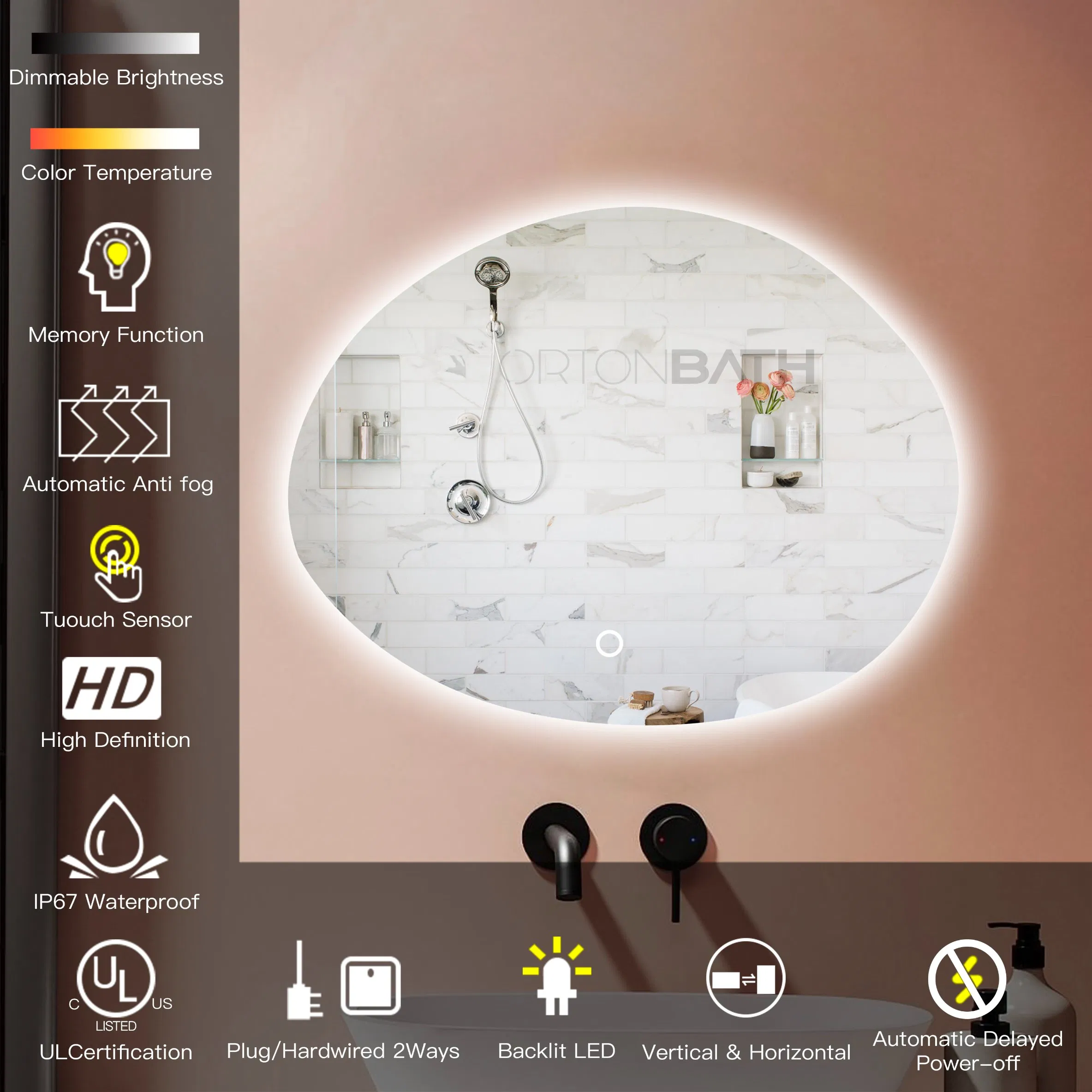 Ortonbath Oval LED Frameless Bathroom Mirror, 32X24 Inch Oval Shape Bathroom Vanity Mirror Wall Mounted with Adjustable, Anti-Fog, Smart Touch Button