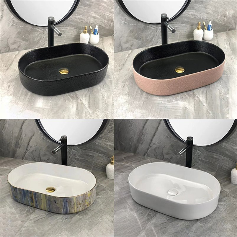 Luxury Oval Ceramic Countertop Vessel Sink: Modern Art Lavabo Bathroom Sink with Glossy Finish, High Temperature Firing and Various Basin Types