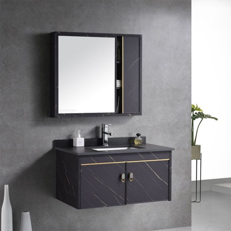 Water Resistant Hotel Single Sink PVC Black Luxury Wall Mount Floating Cabinet Modern Bathroom Vanity
