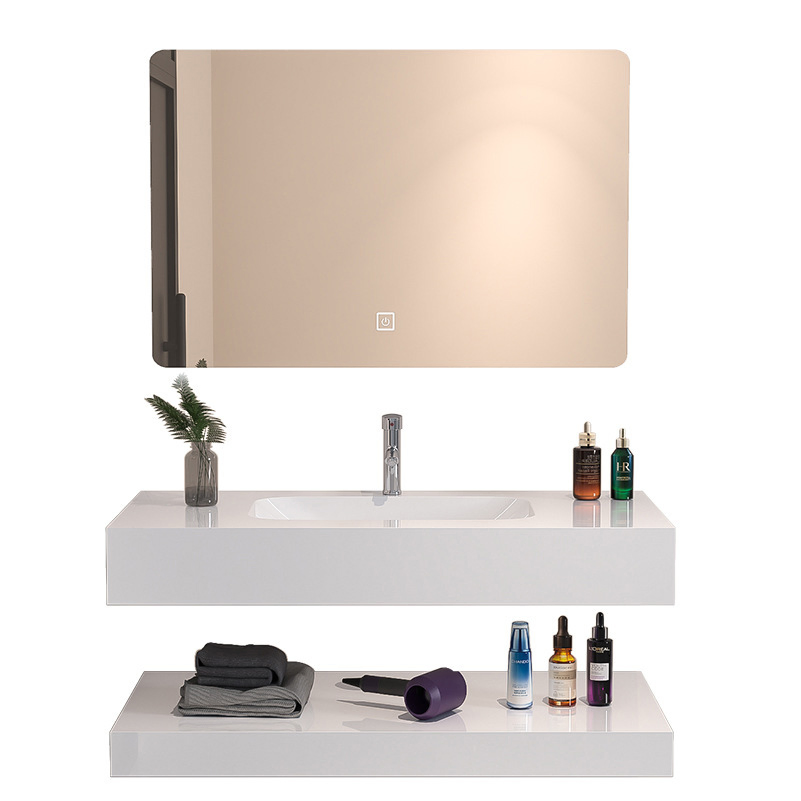 Double Shelf Glossy Finish Easy Clean LED Lighted Integrated Sink Bathroom Vanity