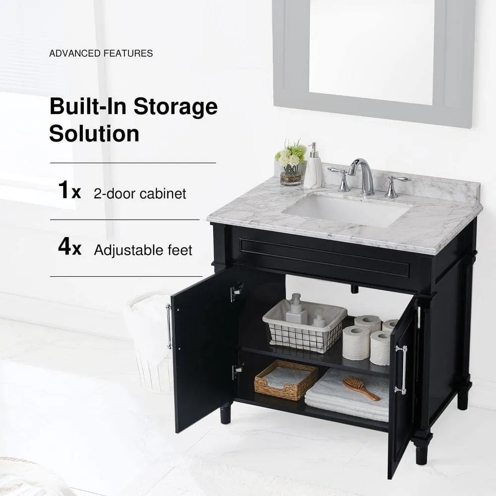 Elegant Black Freestanding Bathroom Vanity with Marble Top