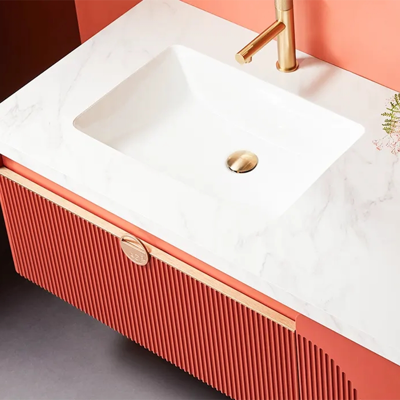 Stylish Modern Red Lacquer Bathroom Vanity Featuring Elegant Gold Accents