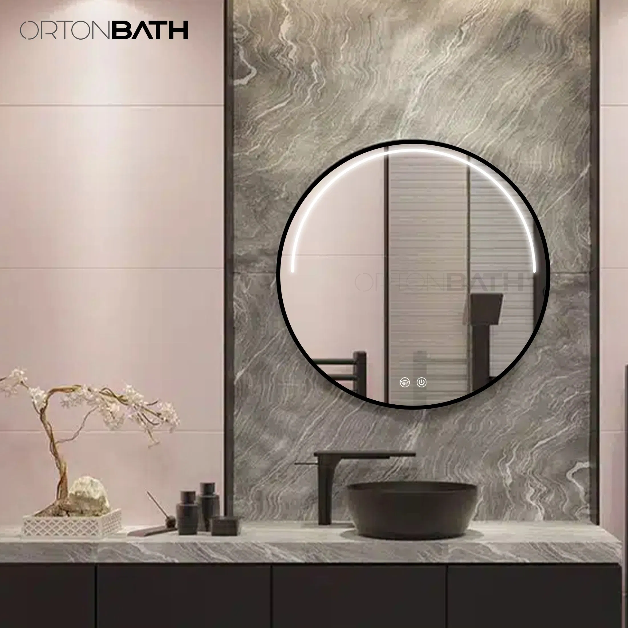 Ortonbath Thin Edge Front Lighted Black Framed Circle Bath Vanity Home Smart Wall Mounted LED Mirror Bathroom Designer Art Mirror