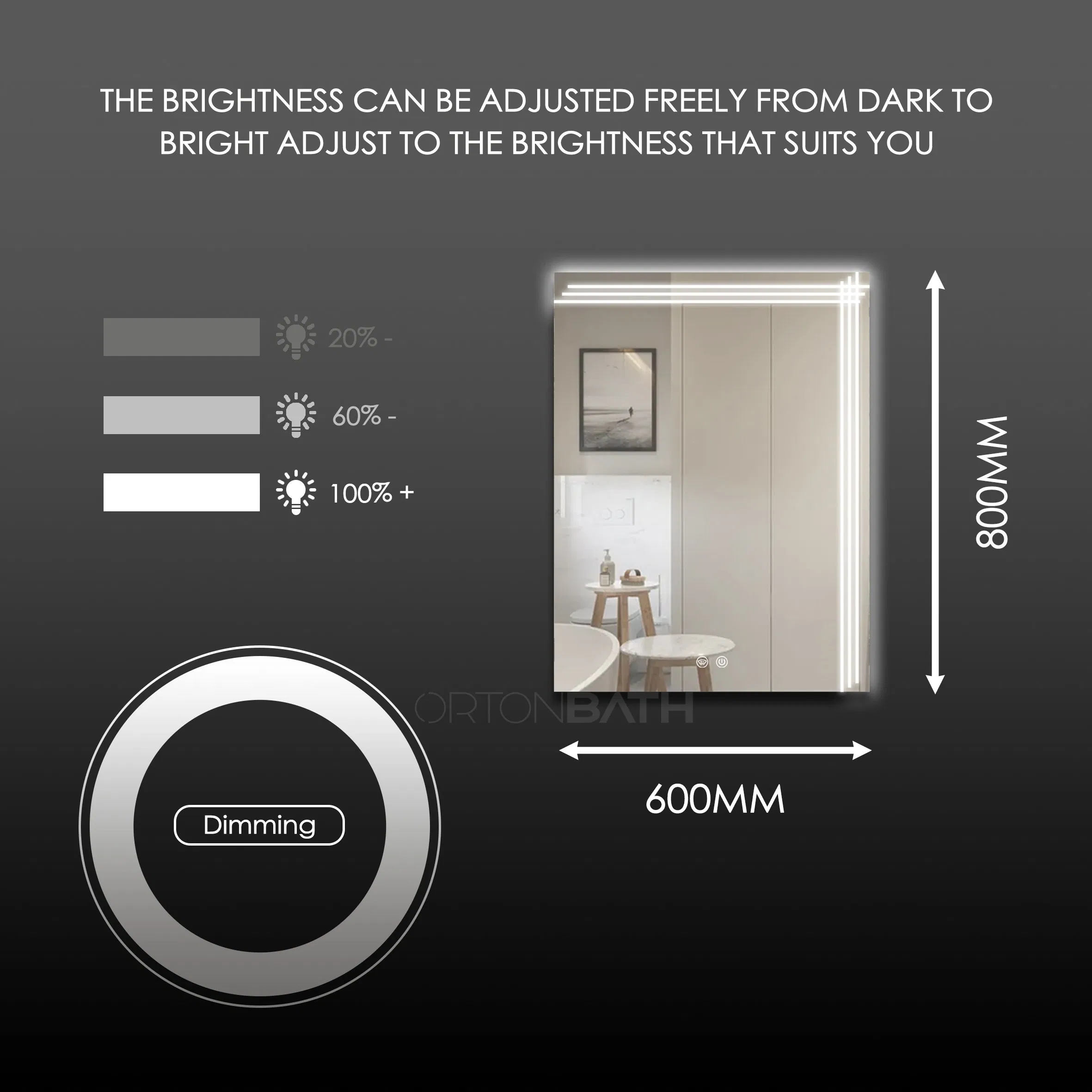 Ortonbath Anti-Fog Lighted Bathroom Mirror 32 X 24 Inch LED Bathroom Mirror with Lights, Dimmable Vanity Mirror, Wall Mounted Smart Mirror