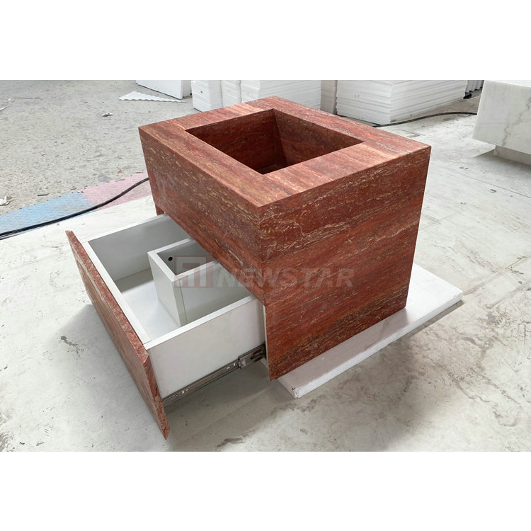 Matt Finish Natural Stone Red Travertine Countertop Bathroom Vanity Set Marble Sink Cabinet Floating Marble Travertine Vanity
