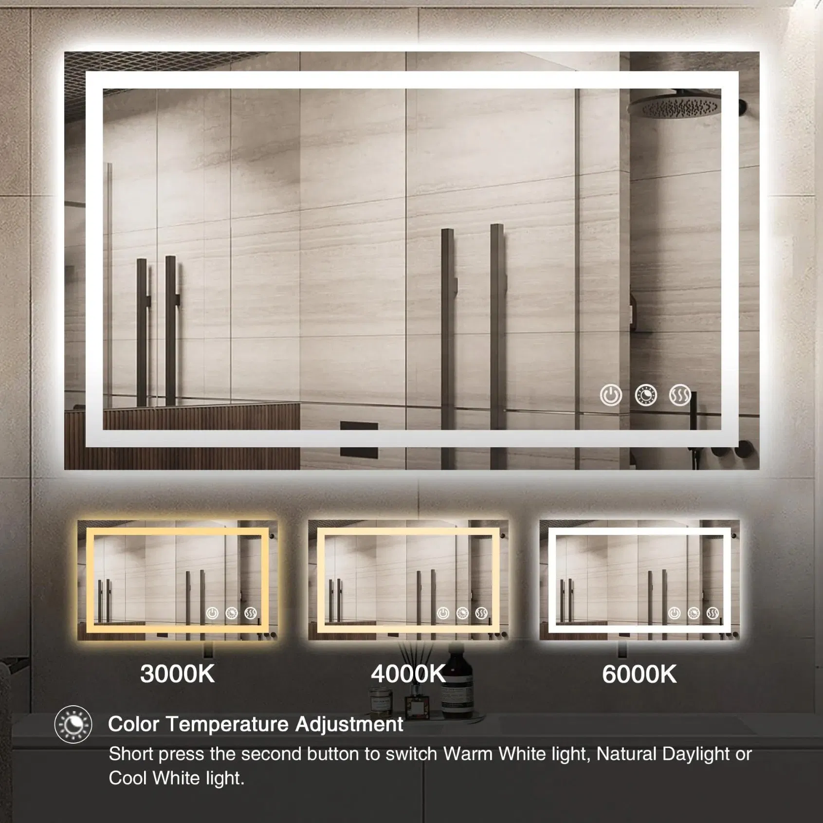 100*60 Cm LED Bathroom Mirror, 3 Color Temperatures, Dimmable Bathroom Vanity Mirror with Lights, Wall-Mounted