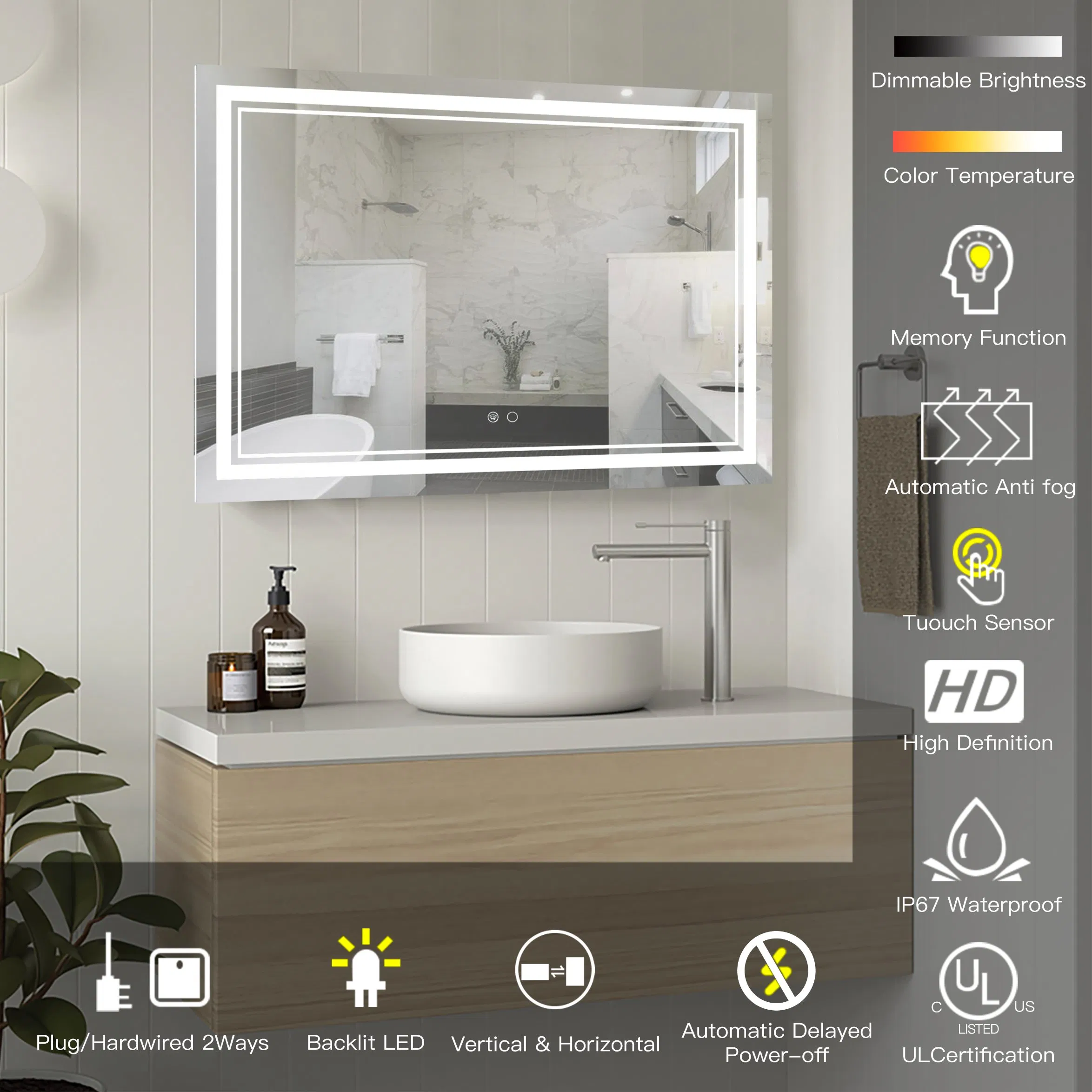 Ortonbath Frontlit LED Mirror for Bathroom Mirror, Wall-Mounted Bathroom Mirrors with Lights for Vanity, Dimmable Touch Sensor, 3000-6000K Anti-Fog Makeup