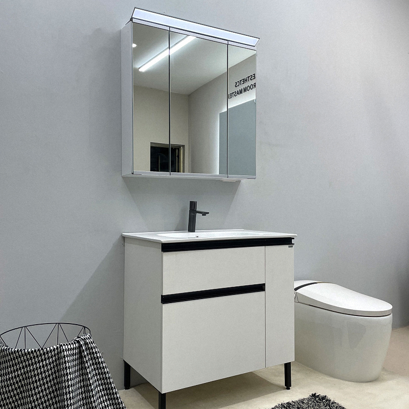 White Freestanding Bathroom Vanity with Ceramic Basin for Apartment