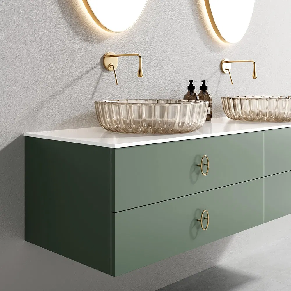 Multi-Functional Bathroom Cabinet Floating Vanity LED Mirror Sintered Stone Countertop Wooden Green Bathroom Cabinet for Hotel Use