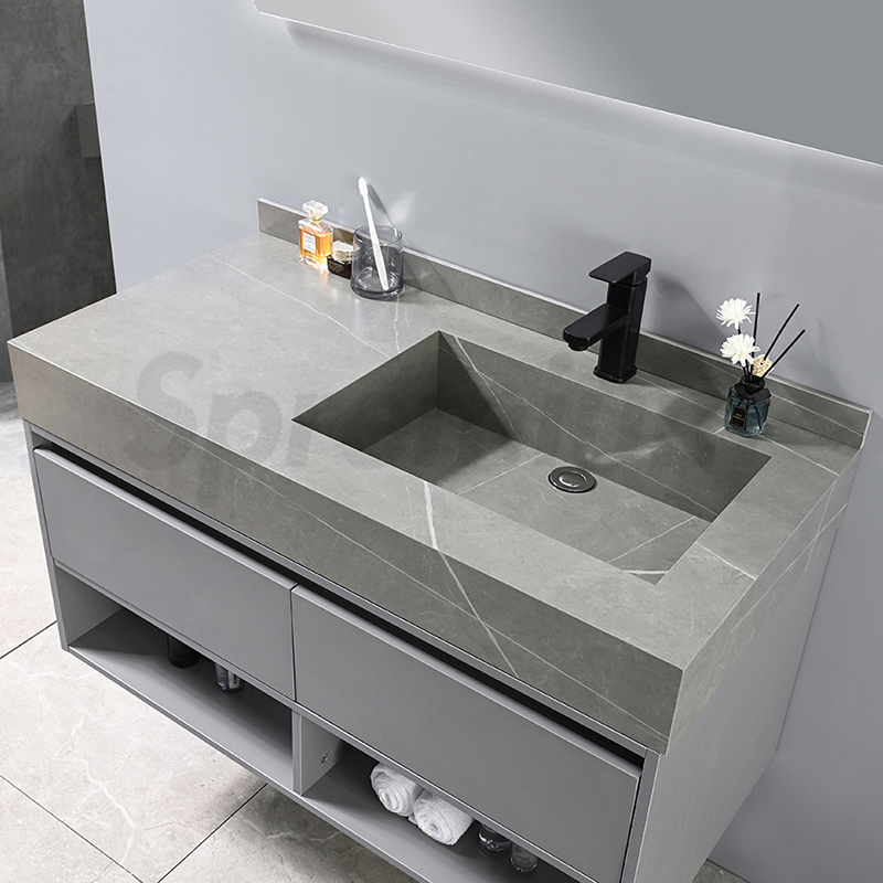 Modern Wall Solid Wood Floating Stone Bathroom Furniture Vanity with Single Sink