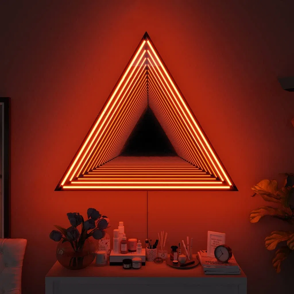 Infinity Triangle Mirror - LED Infinity Mirror Wall Lamp, Geometric RGB Colour Changing Wall Decor, 3D Tunnel Magical Lighting, Holographic Portal