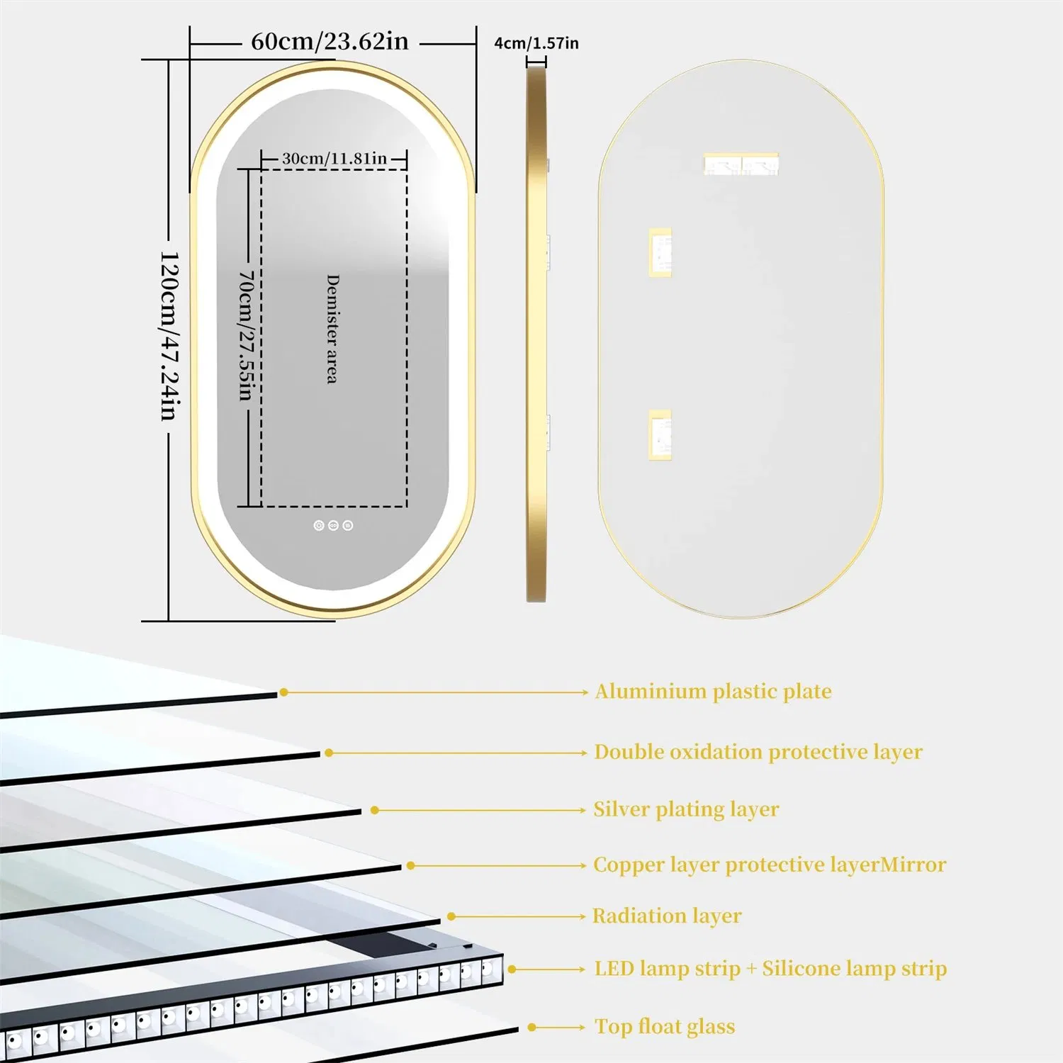 Gold Frame Oval Bathroom Mirror LED Lighted Anti-Fog Smart Vanity Mirror Anti-Fog Illuminated Innovative Makeup Mirror