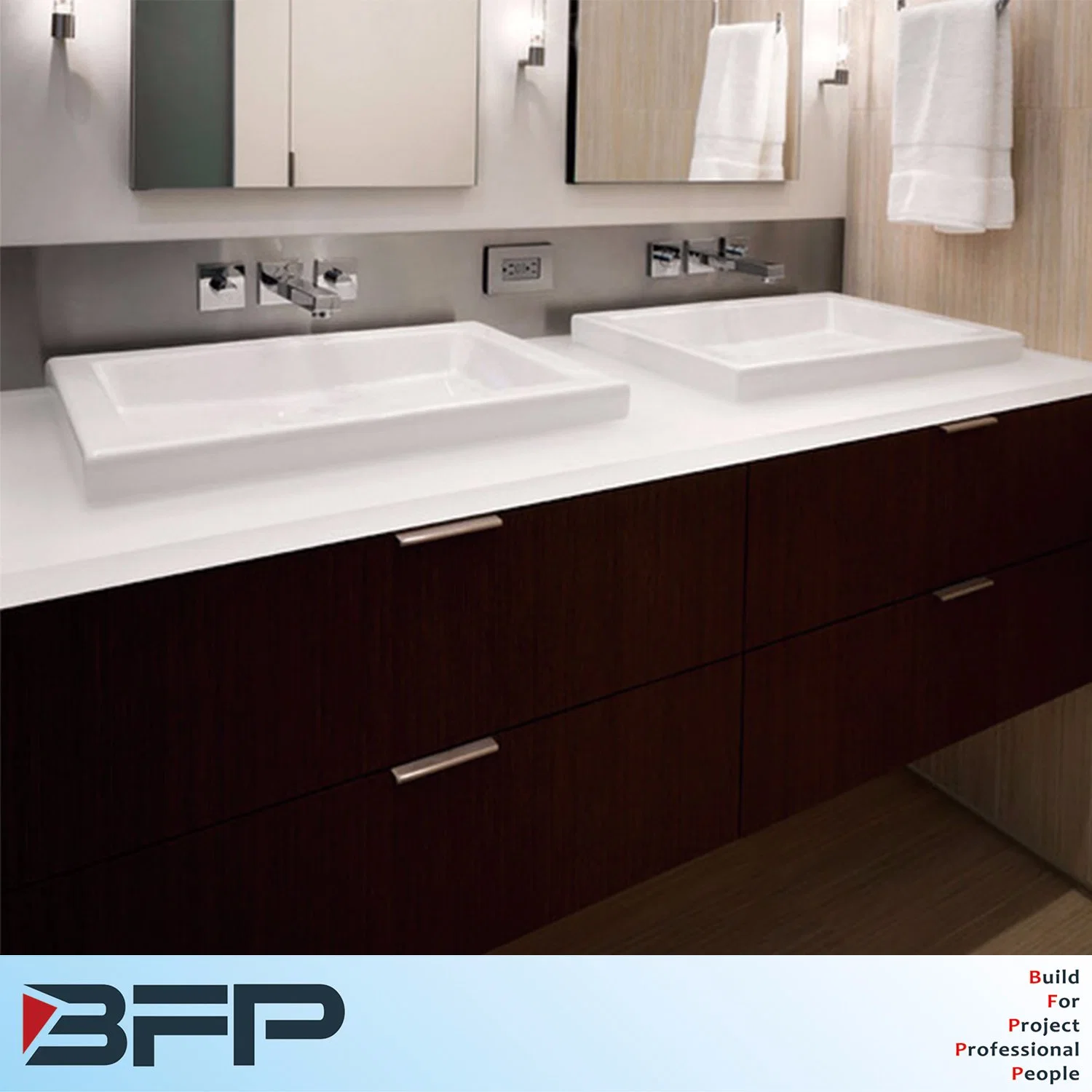 Wood Grain Flat Panel Double Sink Mirror Vanity for Bathroom