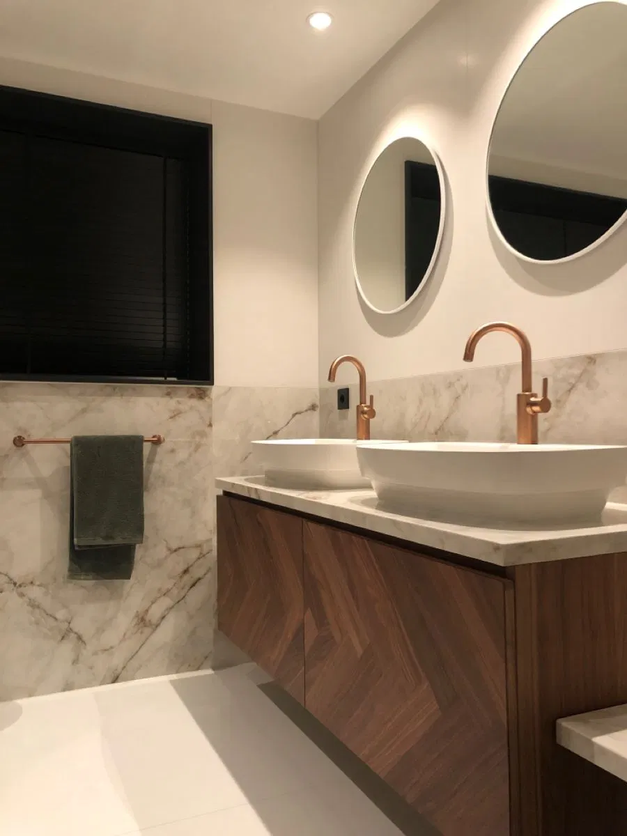 Elegant High-Gloss Double Sink Vanity for Family Bathrooms