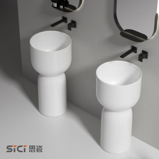 Rounded Rectangular Wash Basin Overflow-Proof Basin Pedestal Standing Sink Universal Lavabo