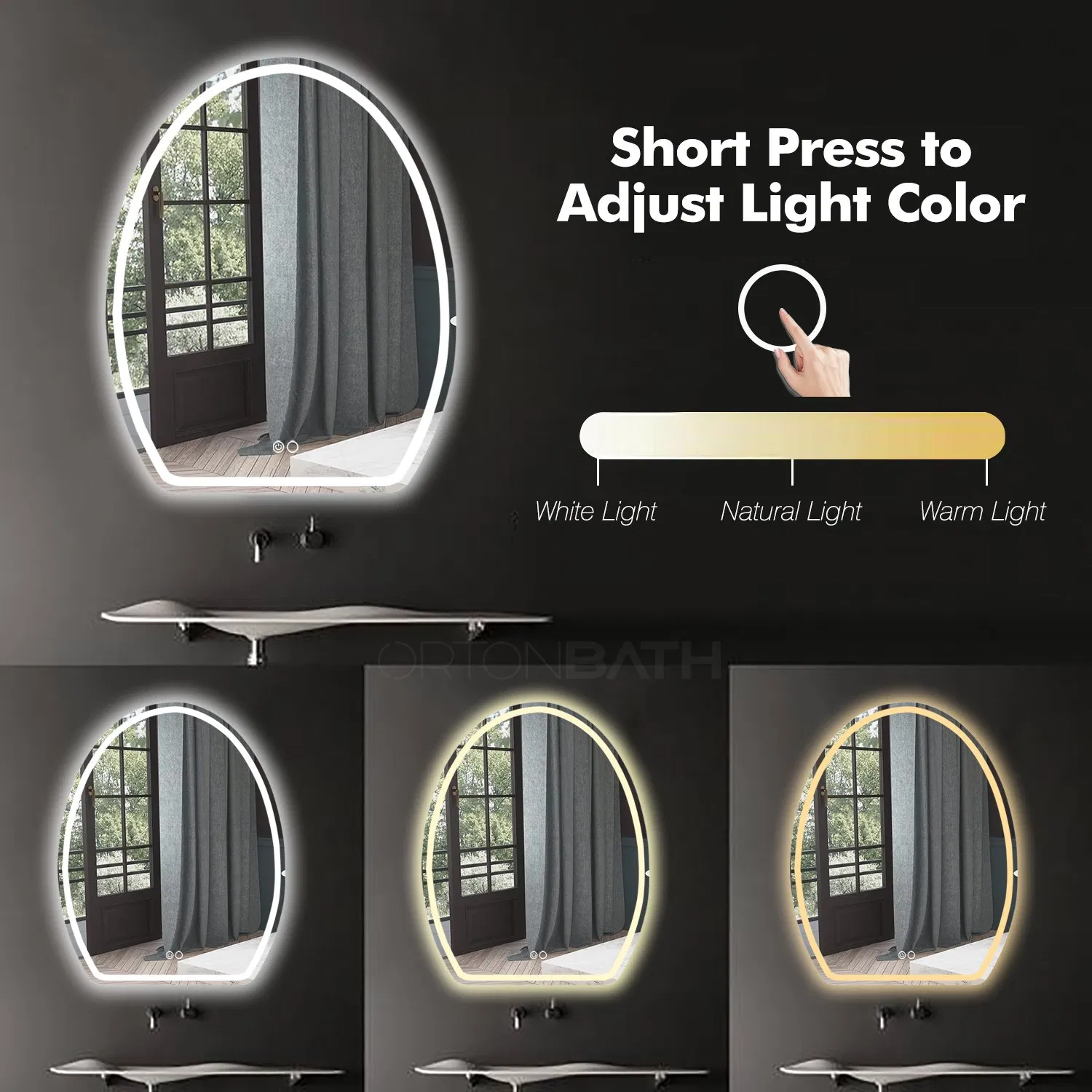 Ortonbath Cut Egg Shape Bathroom LED Mirror with Lights LED Backlit Mirrors Irregular Vanity Mirror Half LED Makeup Mirror with Front Lighting