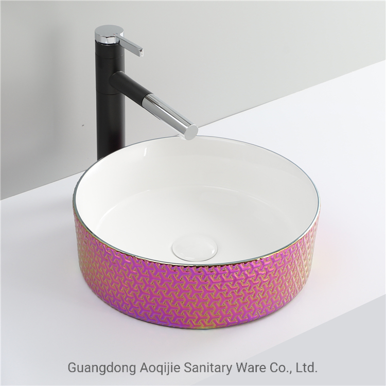 Luxury Airplane Pattern Special Color Lavabo Countertop Round Ceramic Bathroom Vessel Sink White Bowl Hand Wash Art Basin Rose Red Plating Sink