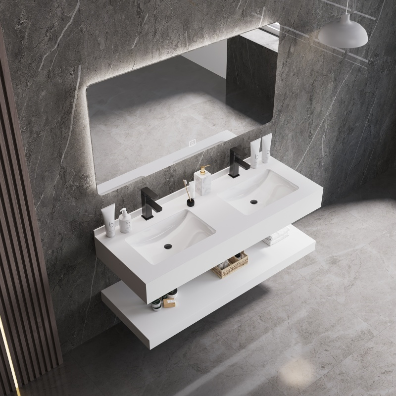 Double-Layer Wall Hung Rectangle Lavabo Marble Pattern Wash Basin Solid Surface Cabinet Hand Wash Basin Bathroom Vanity Sink