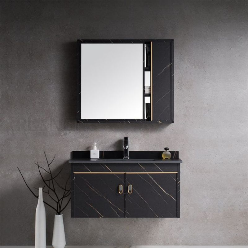 Water Resistant Hotel Single Sink PVC Black Luxury Wall Mount Floating Cabinet Modern Bathroom Vanity