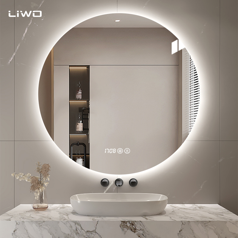 Home Decoration Bathroom Round Smart LED Mirror with Backlit Light Glass Mirror with Anti-Fog Bluetooth Cosmetic Decorative Vanity Makeup Wall Furniture