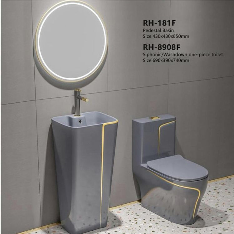 Popular Luxury Floor Standing Large Grey/Gold Pedestal Wash Basin Sink for Hotel