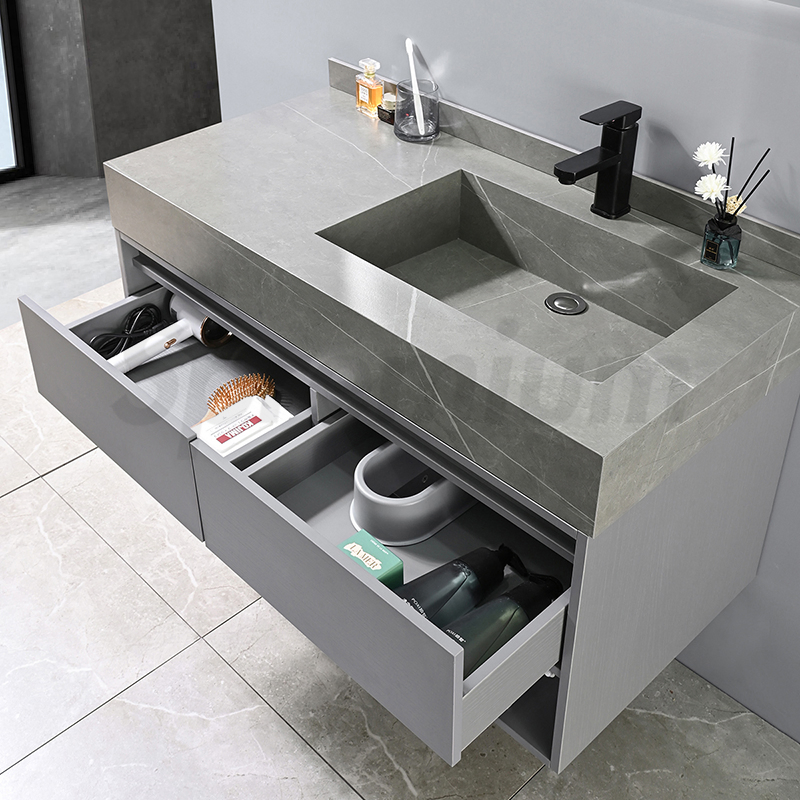 Modern Wall Solid Wood Floating Stone Bathroom Furniture Vanity with Single Sink