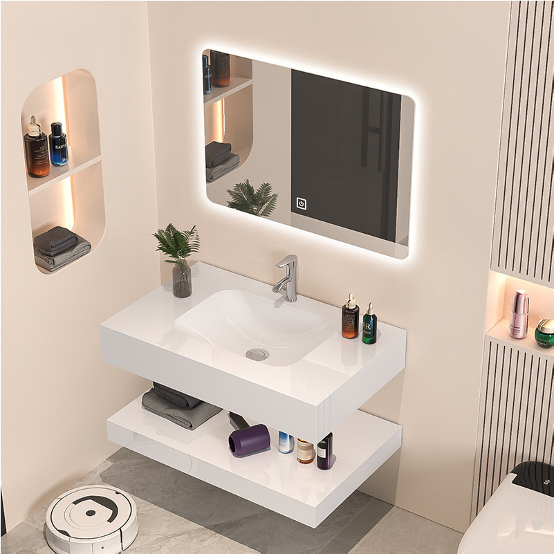 Double Shelf Glossy Finish Easy Clean LED Lighted Integrated Sink Bathroom Vanity