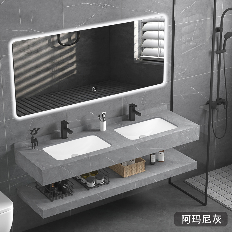 Modern Double Layers Wall Mount Wash Basin Sink Rock Slab Bathroom Cabinet Vanity for Hotel Home