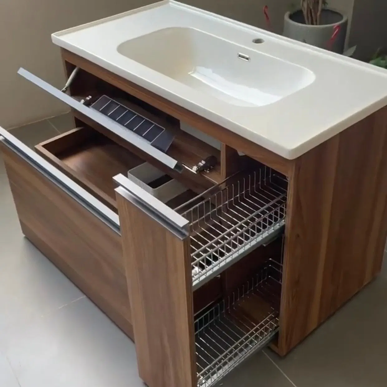 Built Multi-Functional Storage Shelf Modern Bathroom Vanity Made by Plywood Wall Mounted Bathroom Sink