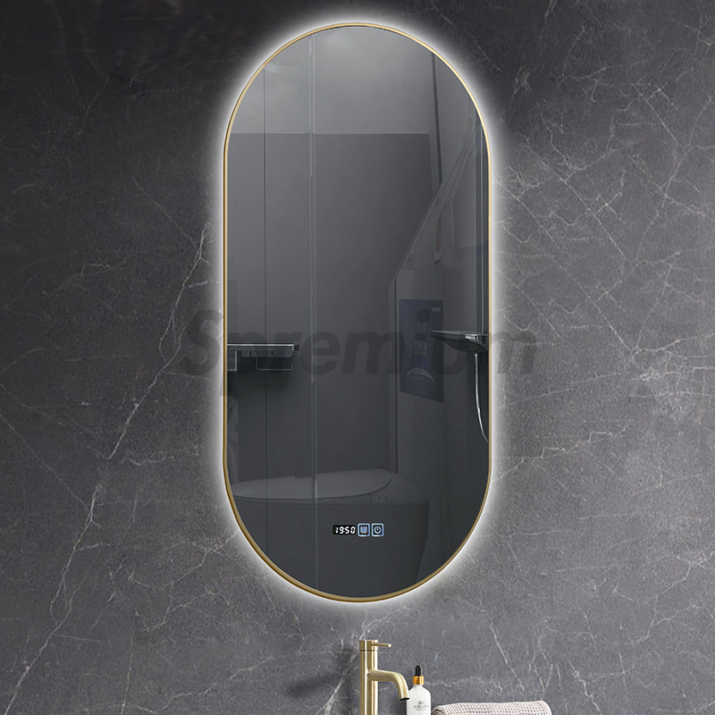 Modern Smart Home Touch Screen Oval LED Bathroom Anti-Fog Mirror with Time Screen