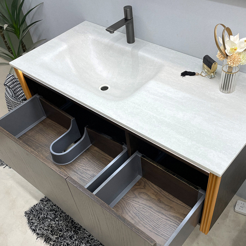 Luxury Wood Vanity with Freestanding Space Saving Cabinet for Villa and Apartment Bathroom Furniture