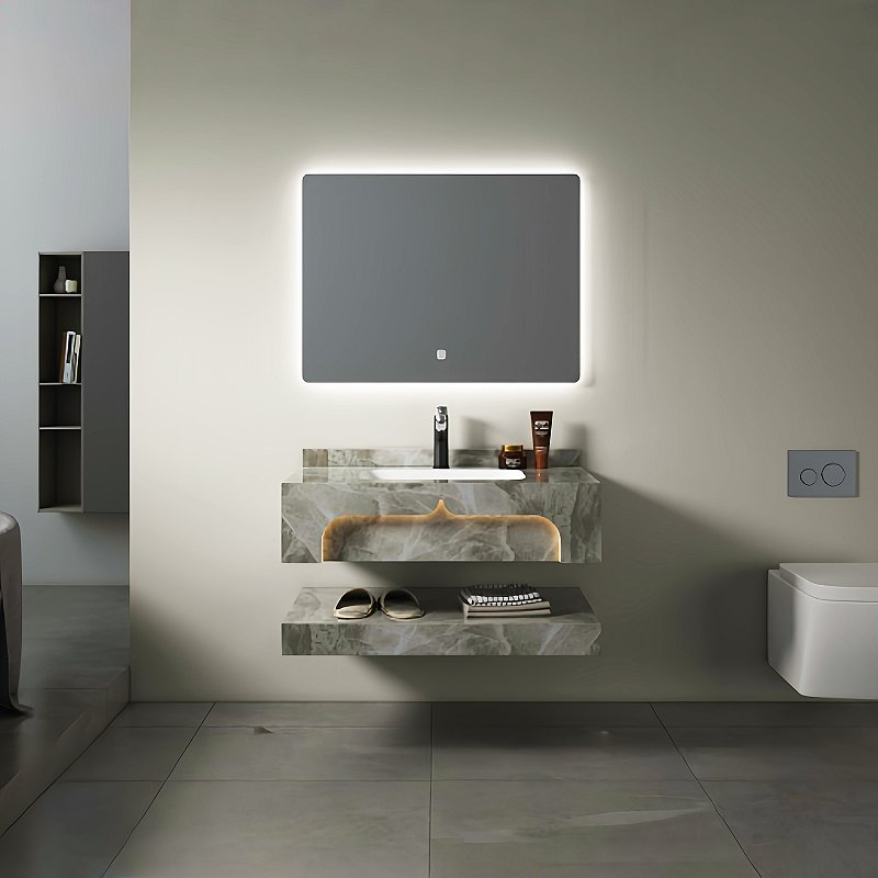 Modern Luxury Floating Rock Slab Bathroom Vanity with LED Mirror &amp; Ambient Lighting
