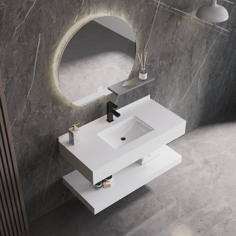 Double-Layer Wall Hung Rectangle Lavabo Marble Pattern Wash Basin Solid Surface Cabinet Hand Wash Basin Bathroom Vanity Sink