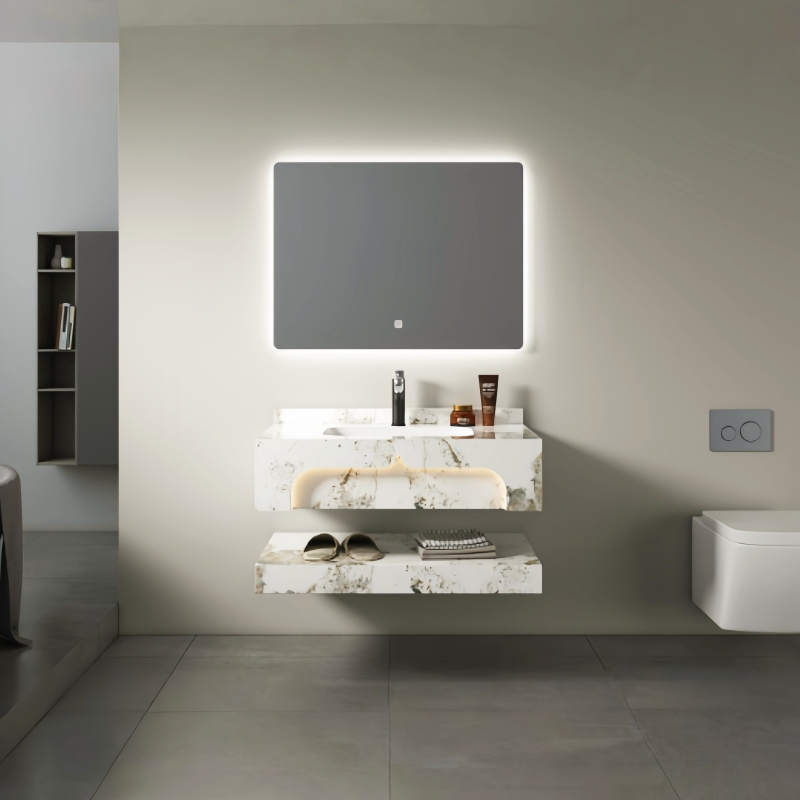 Modern Luxury Floating Rock Slab Bathroom Vanity with LED Mirror &amp; Ambient Lighting
