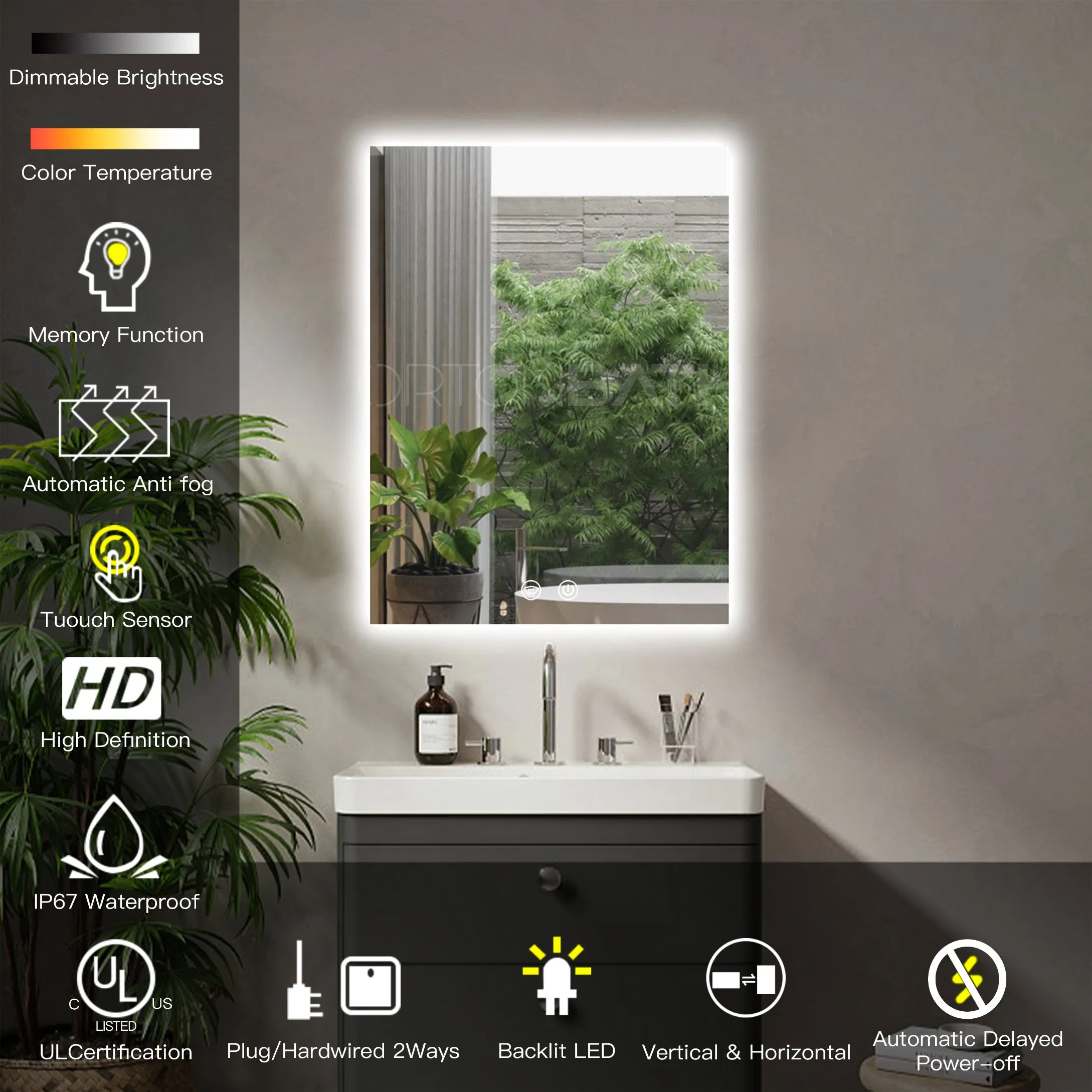 Ortonbathled Backlit Mirror 24 X 36 Inch Lighted Bathroom Mirror with Lights 3 Colors Warm/Natural/White Anti-Fog Wall Mounted Dimmable Wall Mirror