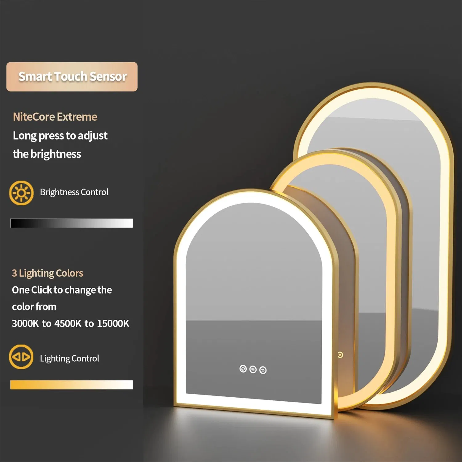 Gold Frame Oval Bathroom Mirror LED Lighted Anti-Fog Smart Vanity Mirror Anti-Fog Illuminated Innovative Makeup Mirror